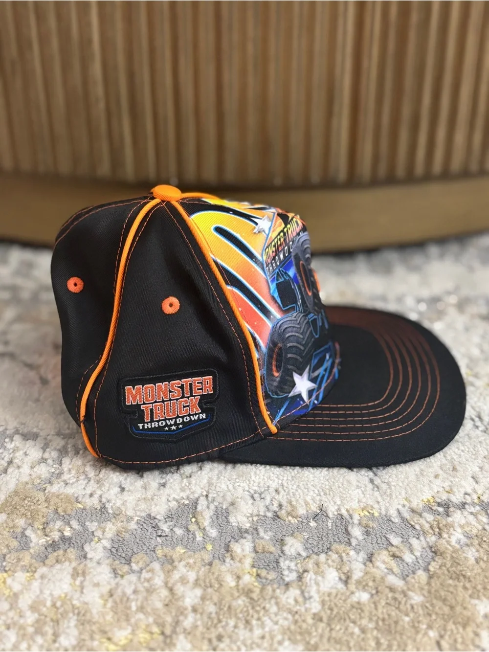Monster Truck Throwdown Snapback Hat Cap Black Orange Sublimated Graphic OSFM